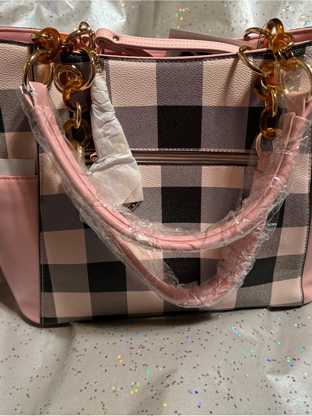 MKF by Mia K. 2pc Collection -Pink & Gray Plaid Tote and wallet - Picture 3 of 4